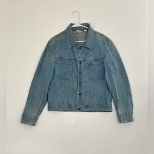 Vintage 70s Levis Orange Tab Denim Jacket Shirt Men Large USA Rock Band Patches